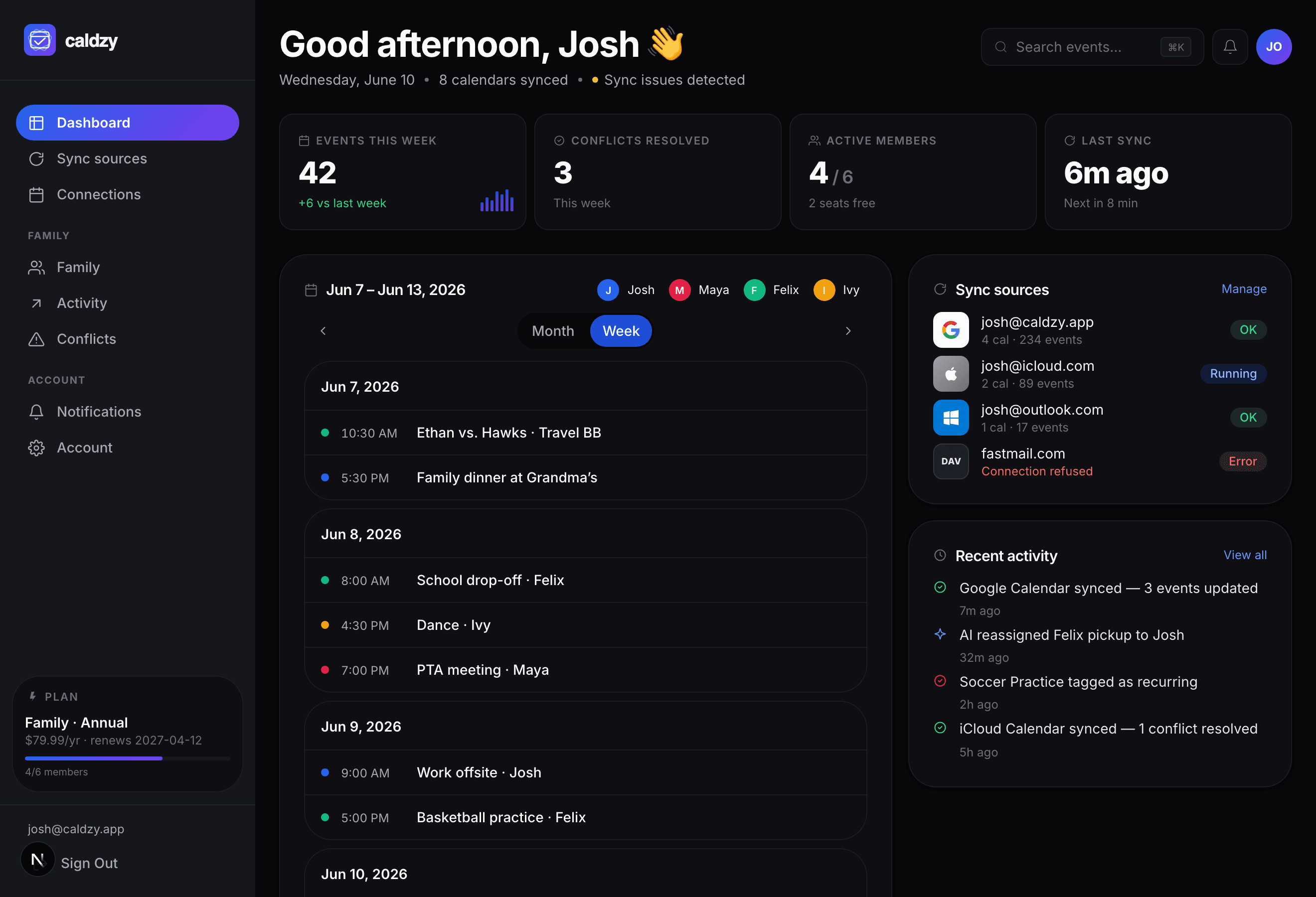 Week view: every family member's schedule side by side in one grid