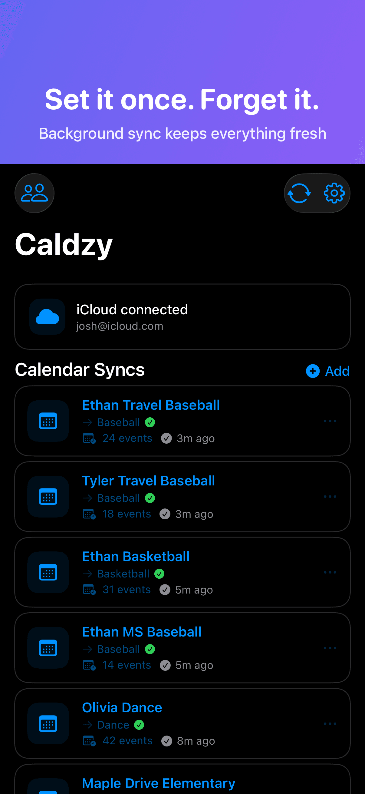 Caldzy showing iCloud connected and a list of synced team calendars